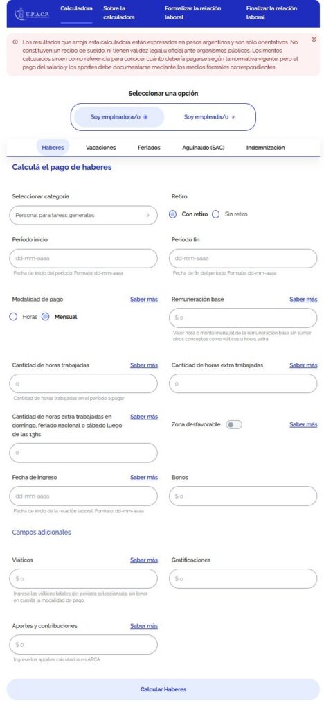 Screenshot of the calculator's web form