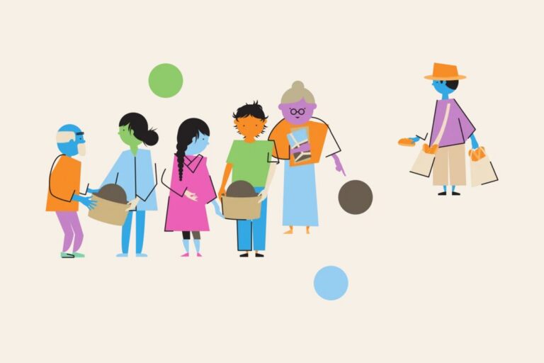 Illustration: people of different ages carrying baskets of soil and plants together.