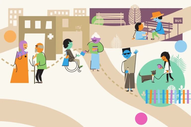 Illustration: people of different ages and abilities in a city with a health centre, benches, a bus stop and a garden.